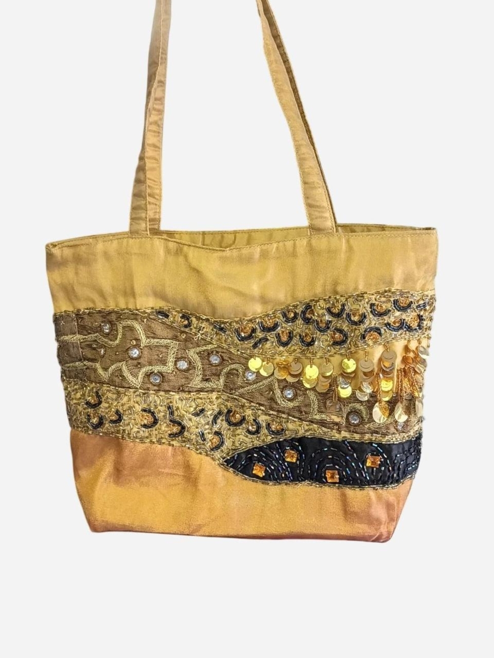 Embellished Gold Satin Tote Bag